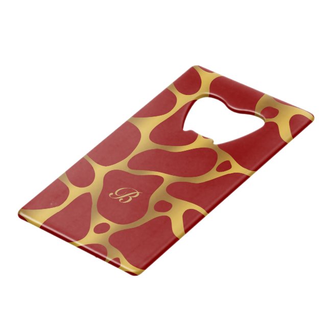 Red and gold abstract giraffe pattern credit card bottle opener (Front Angled)