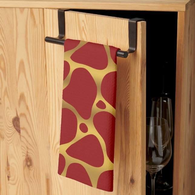 Red and gold abstract giraffe pattern kitchen towel (Thirds Fold)