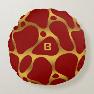 Red and gold abstract giraffe pattern round pillow
