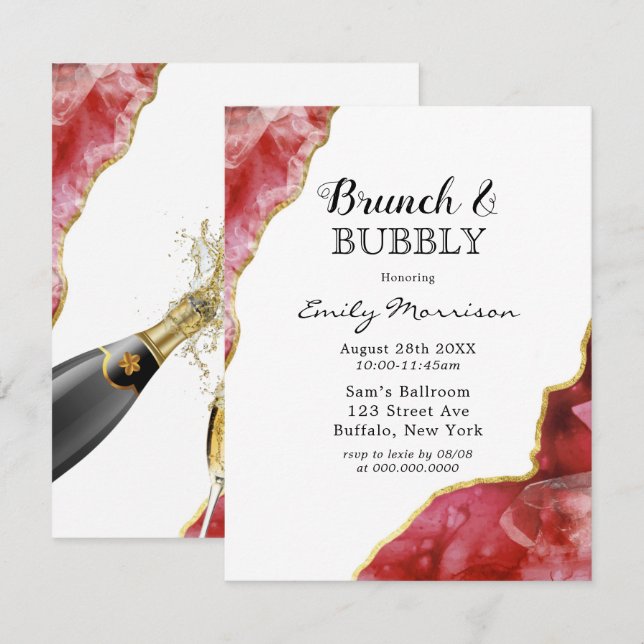 Red and Gold Agate Crystals Brunch & Bubbly  Invitation (Front/Back)
