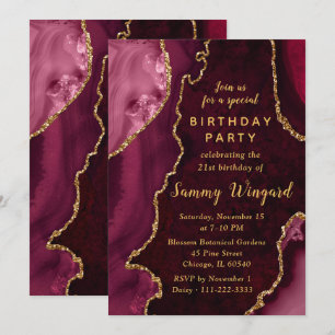Red and Gold Agate Marble 21st Birthday Party Invitation