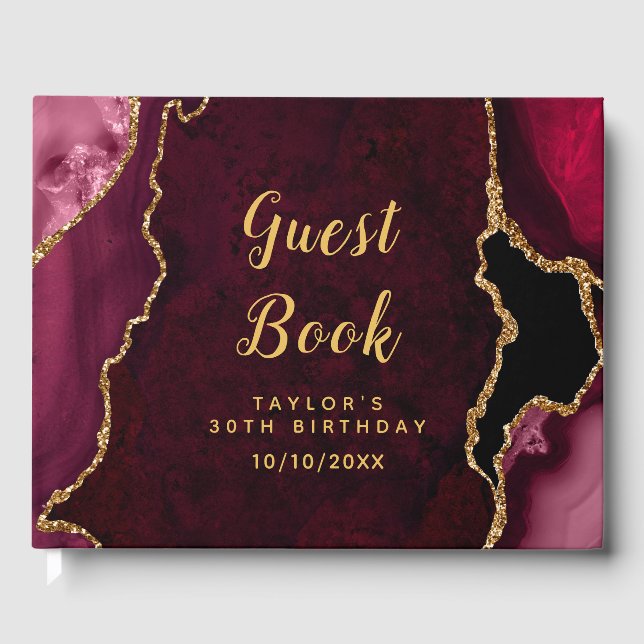 Red and Gold Agate Marble Birthday Guest Book (Front)