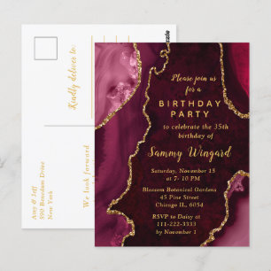 Red and Gold Agate Marble Birthday Party Postcard