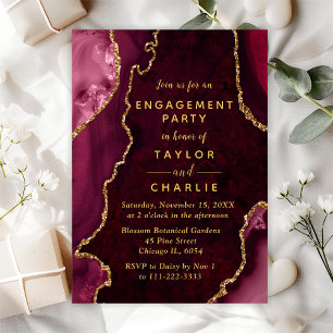 Red and Gold Agate Marble Engagement Party Invitation