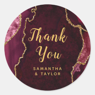 Red and Gold Agate Marble Thank You Wedding Classic Round Sticker