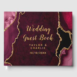 Red and Gold Agate Marble Wedding Guest Book