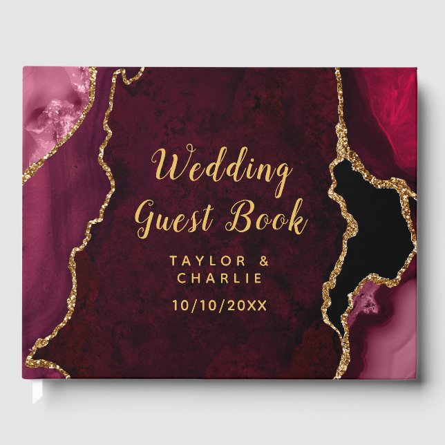 Red and Gold Agate Marble Wedding Guest Book (Front)