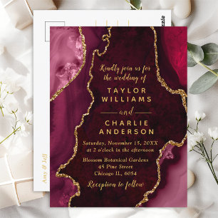 Red and Gold Agate Marble Wedding Postcard