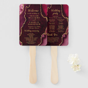 Red and Gold Agate Wedding Program Hand Fan