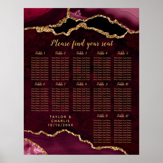Red and Gold Agate Wedding Seating Chart (Front)