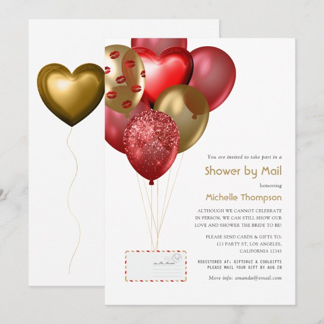 Red and Gold Balloon Baby or Bridal Shower by Mail Invitation (Front/Back)