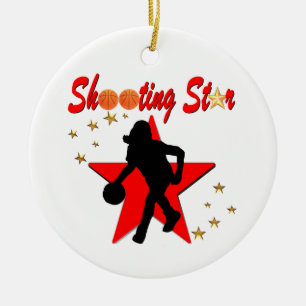 RED AND GOLD BASKETBALL SHOOTING STAR DESIGN CERAMIC ORNAMENT
