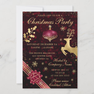 Red and Gold Bauble & Ribbon Christmas Party Invitation