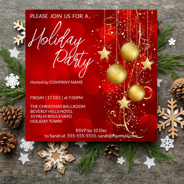 Red and gold baubles background Holiday  Invitatio Invitation (Christmas Holiday party editable template invitation digital download red baubles gold corporate )