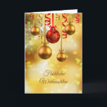 Red and gold baubles German Christmas Holiday Card<br><div class="desc">German Christmas card with red and gold baubles and tinsels. Text in front in German says:
Merry Christmas. Text inside in German too: Merry Christmas and Happy New Year.</div>