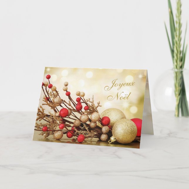 Red and gold baubles Joyeux Noël French Christmas Holiday Card (Front)