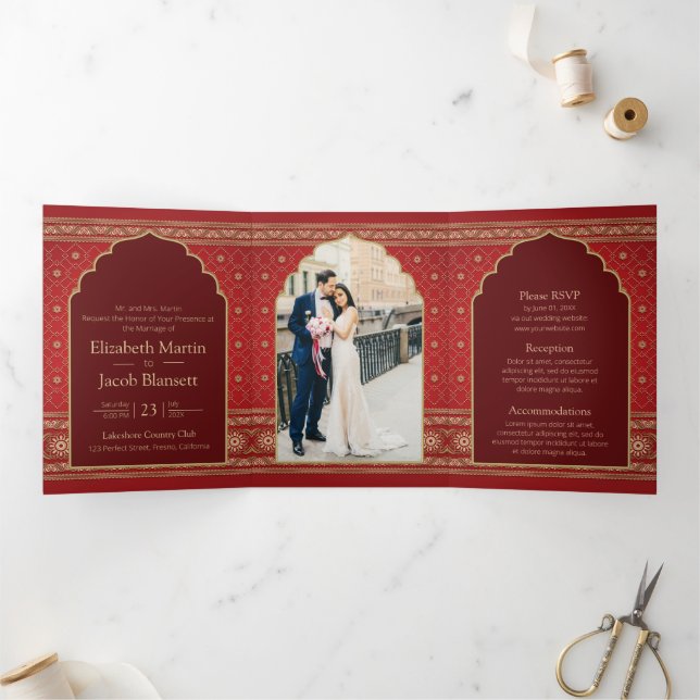 Red and Gold Bollywood Style Indian Wedding  Tri-Fold Invitation (Inside)