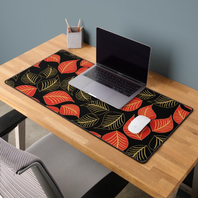 Red and gold broad leaves pattern on black desk mat (Office 2)