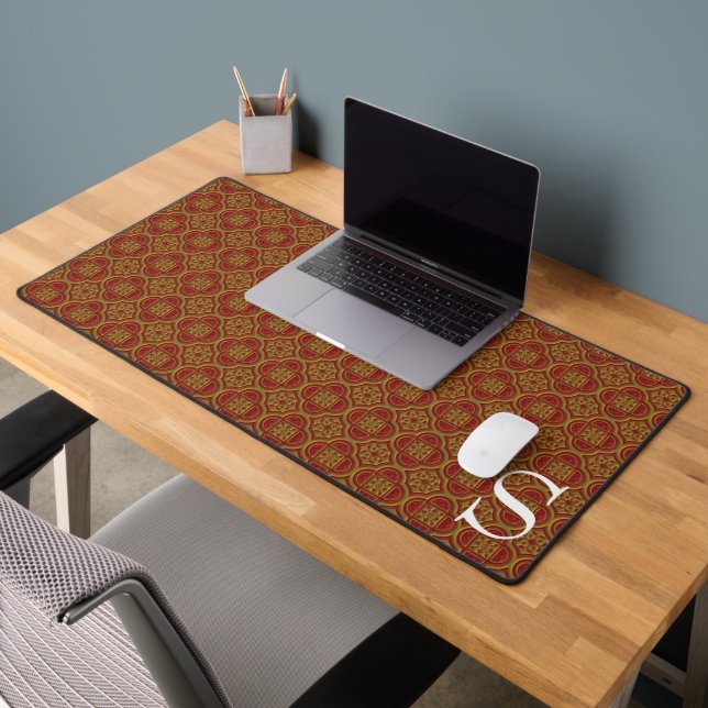 Red and Gold Brocade Monogrammed Desk Mat (Office 2)
