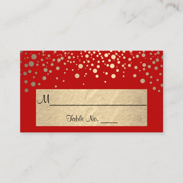 Red and Gold Chevron and Confetti Dots Place Card (Front)