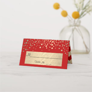 Red and Gold Chevron and Confetti Dots - Wedding Place Card