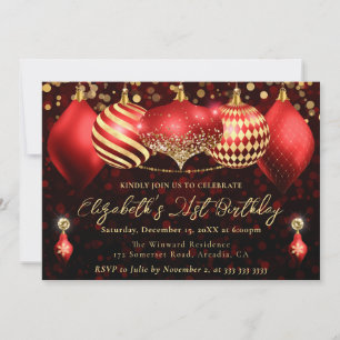 Red and Gold Christmas Baubles 21st Birthday Invitation