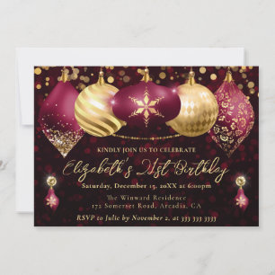 Red and Gold Christmas Baubles Birthday Party Invitation