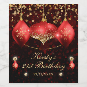 Red and Gold Christmas Baubles Birthday Wine Label