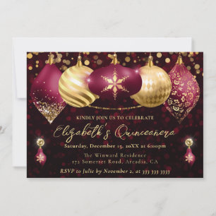 Red and Gold Christmas Baubles Quinceanera Invitation