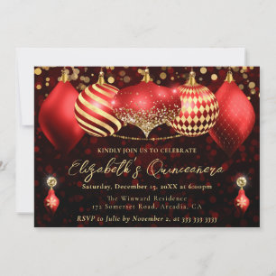 Red and Gold Christmas Baubles Quinceanera Invitation