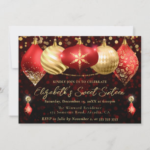 Red and Gold Christmas Baubles Sweet 16 Invitation
