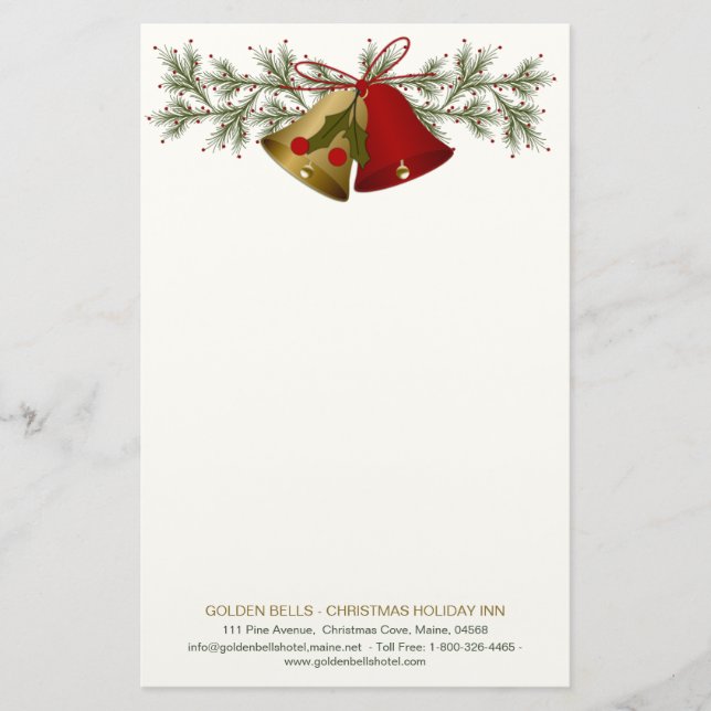 Red and gold Christmas bells, holly and pine Stationery (Front)
