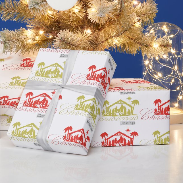 Red and gold Christmas blessings nativity Wrapping Paper (Holidays)