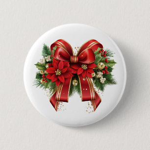 Red and Gold Christmas Bow Festive 2 Inch Round Button