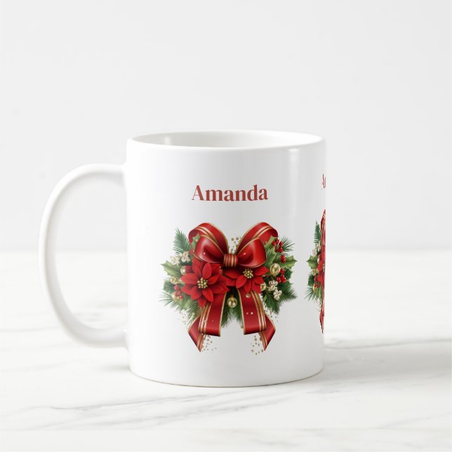 Red and Gold Christmas Bow Festive Coffee Mug (Left)
