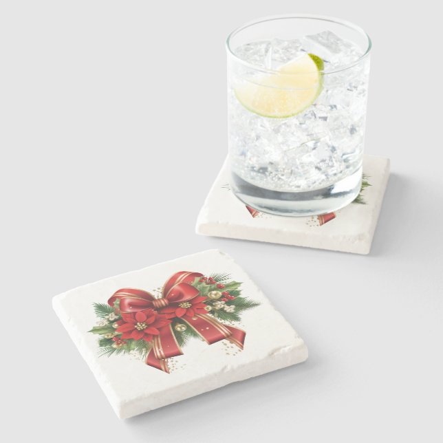 Red and Gold Christmas Bow Festive Stone Coaster (Side)