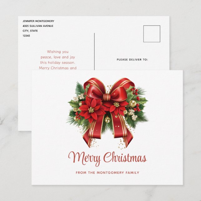 Red and Gold Christmas Bow Holiday Postcard (Front/Back)