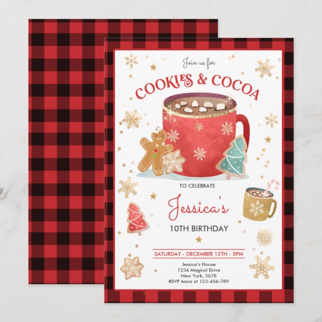 Red And Gold Christmas Cookies and Cocoa Birthday Invitation (Front/Back)