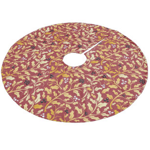Red and gold christmas holly branches pattern fleece tree skirt