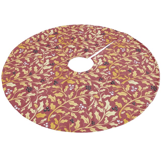 Red and gold christmas holly branches pattern fleece tree skirt (Angled)