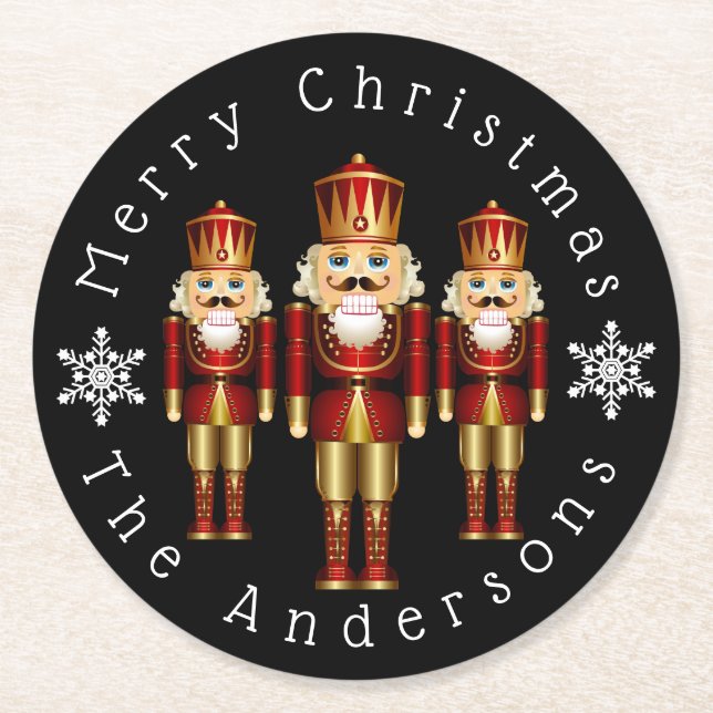 Red and Gold Christmas Nutcrackers Personalize Rou Round Paper Coaster (Front)