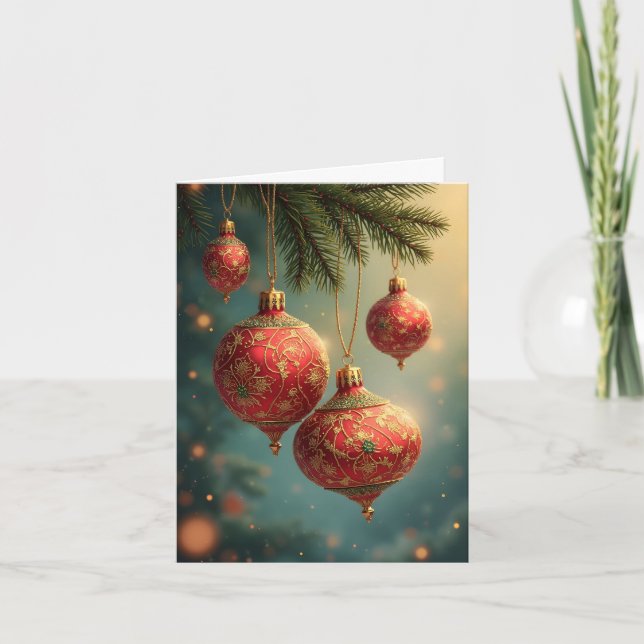 Red and Gold Christmas Ornaments Holiday Card (Front)