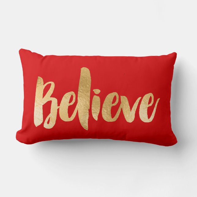 Red and Gold Christmas Pillow Believe (Front)
