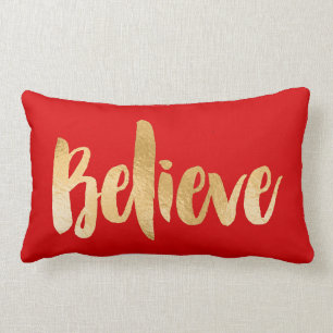 Red and Gold Christmas Pillow Believe