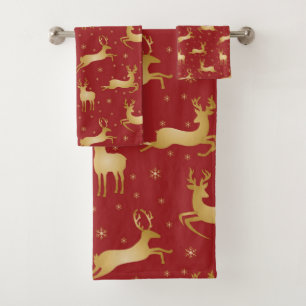 Red and gold Christmas reindeer Bath Towel Set