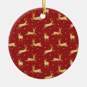 Red and gold Christmas reindeer Ceramic Ornament