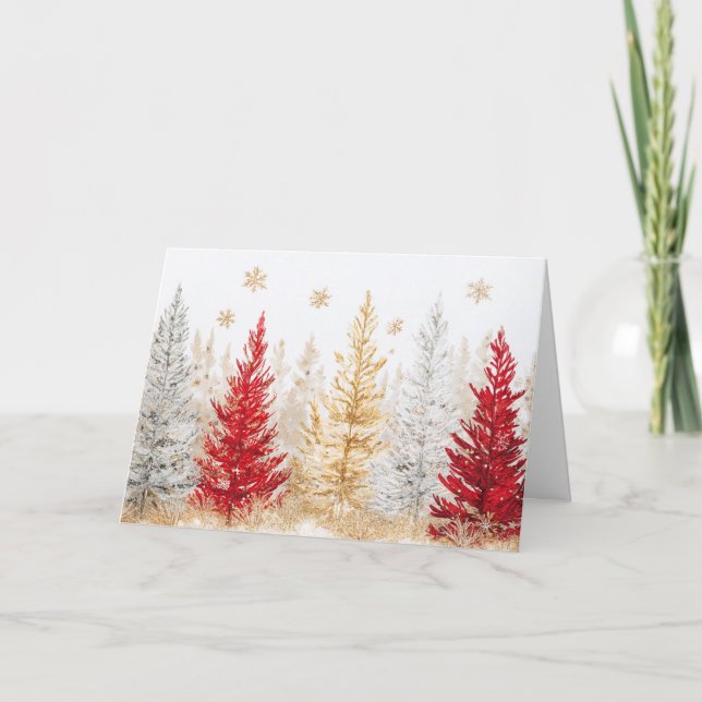 Red and Gold Christmas Trees with Snowflakes Card (Front)