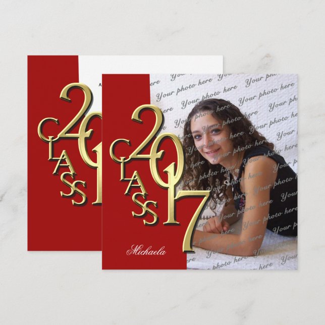 Red and Gold Class of 2017 Photo Graduation Invitation (Front/Back)