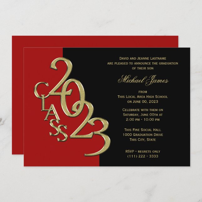 Red and Gold Class of 2023 Grad with Colour Option Invitation (Front/Back)