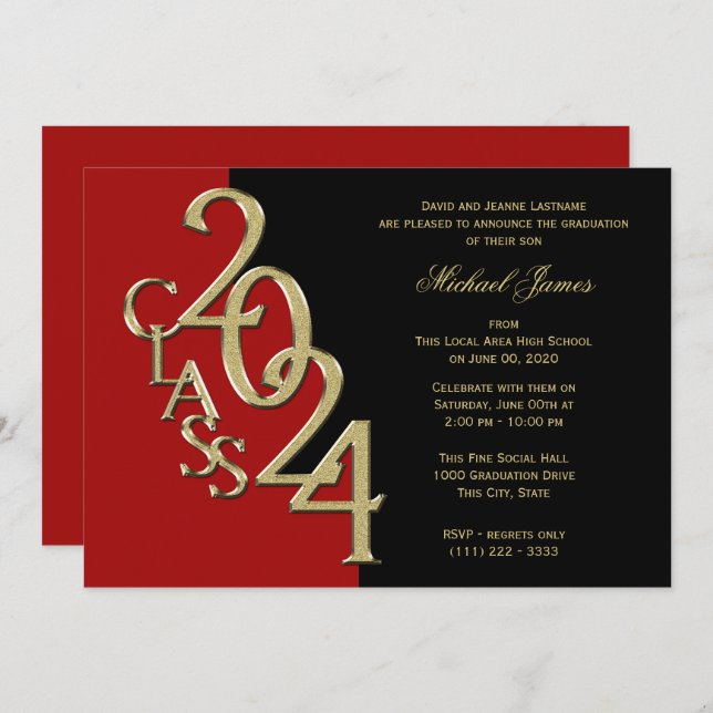 Red and Gold Class of 2024 Grad with Colour Option Invitation (Front/Back)